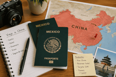 imagen de pasaportes mexicanos con el fondo de un mapa de china